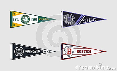 Pennant flag set for college volleyball, baseball, basketball or soccer team. New York, Boston, Los Angeles and Detroit Vector Illustration